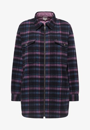 Chaqueta de camisa de manga larga con cremallera frontal, con un patrón de cuadros en negro, púrpura y azul, y bolsillos en el pecho con botones.