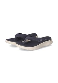 Navy blue flip-flop sandals made from soft material with a textured strap. Features a lightweight white sole with a flexible design.
