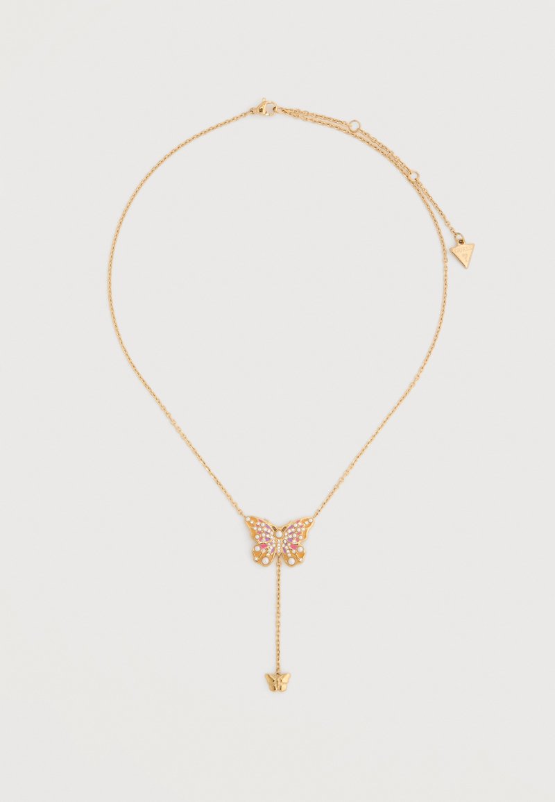 Delicate gold chain necklace with a butterfly pendant embellished with pink and white stones, and a smaller butterfly charm hanging below.
