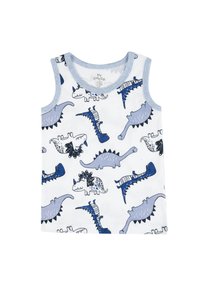 Bawełniany top bez rękawów z białym tłem i wzorem niebieskich dinozaurów. Okrągły dekolt z jasnoniebieską lamówką, miękka faktura.