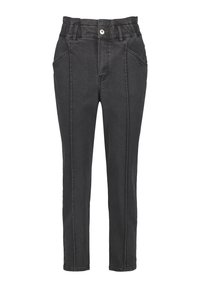 Pantalones de mezclilla negra con un ajuste relajado, que cuentan con una cintura alta, bolsillos frontales y un sutil detalle de costura a lo largo de las piernas.