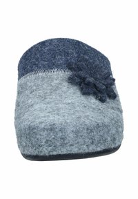 Felt slipper with a dark blue upper and light grey body. Features a floral accent on the side and a flat, textured sole.