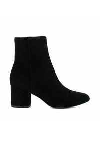 Black suede ankle boot with a pointed toe and a block heel. Smooth texture and clean silhouette, suitable for various outfits.