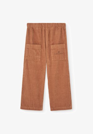 Bruine corduroy broek met een wijd beenontwerp, voorzien van een elastische tailleband en twee voorkantzakken met een subtiele merklogo.