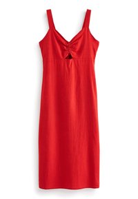 Rotes Kleid mit Spaghetti-Trägern, gerafftem Detail an der Büste und einem Schlüsselloch-Ausschnitt unter dem gerafften Effekt. Glatte Stofftextur.