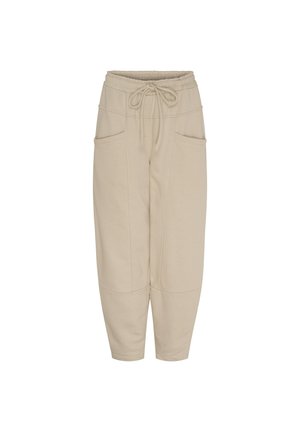 Beige cropped joggingbukser med elastisk talje, snøre, store forlommer og syningsdetalje ved knæet.