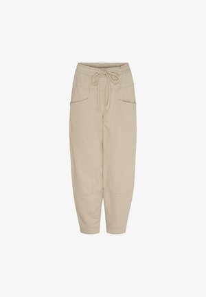 Beige cropped joggingbukser med elastisk talje, snøre, store forlommer og syningsdetalje ved knæet.