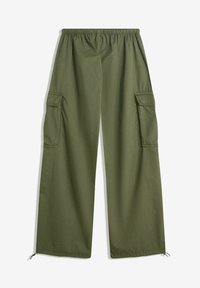 Olive green wide-leg cargo pants with elastic waistband, flap pockets on sides, and adjustable drawstrings at hems.