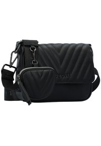 Borsa a tracolla nera trapuntata con motivo a zigzag, dotata di una pochette con zip staccabile e tracolla regolabile. Materiale in pelle sintetica liscia.