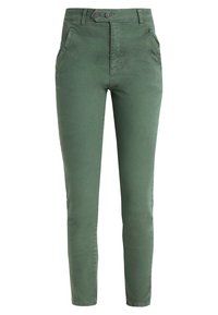 Zielone spodnie bawełniane w połączeniu z innymi materiałami, o dopasowanym kroju, z wysokim stanem, dwoma przednimi kieszeniami i podwójnym zapięciem na guzik dla dodatkowego detalu.