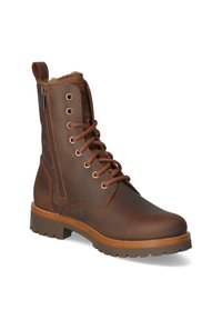 Brązowe skórzane botki za kostkę z okrągłym noskiem, teksturowaną powierzchnią, bocznym zamkiem błyskawicznym i brązowymi sznurowadłami. Gruba, wytrzymała podeszwa zapewniająca przyczepność.