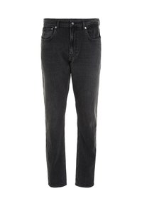 Jeans de mezclilla negra con corte recto, cinco bolsillos, costuras de contraste y cierre de botón. La tela parece ligeramente desgastada y tiene una textura suave.