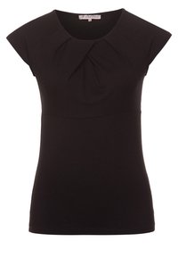 Svart, åtsittande topp med korta ärmar, plisserad design vid halsringningen, mjukt tyg, slät textur och en lätt böjd fåll.