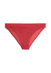 Rdeči bikini spodnji del z teksturiranim zunanjim materialom in gladkim notranjim podloženjem. Oblikovan z medeničnim pasom in minimalnim pokritjem.