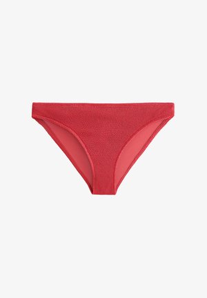 Rode bikini-broek met een textuur aan de buitenkant en een gladde voering aan de binnenkant. Ontworpen met een middelhoog taille en een minimale bedekking.