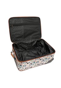 Wheeled suitcase with floral and patterned exterior, brown accents, and an empty black interior featuring a zippered pocket and straps.