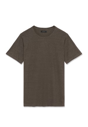 T-shirt marrone a maniche corte con scollo rotondo in tessuto leggermente strutturato, stesa su uno sfondo bianco.