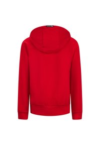 Felpa rossa con cappuccio, maniche lunghe, polsini e orlo a costine, realizzata in un morbido misto cotone, con un'etichetta sul collo.