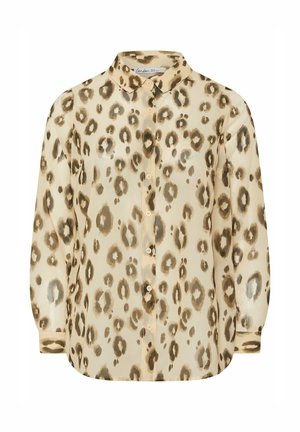 Beige Bluse mit langen Ärmeln und Knöpfen, mit einem braunen und schwarzen Leopardenmuster und klassischem Kragen.