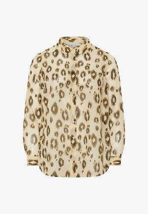 Beżowa, długorękawowa bluzka na guziki z brązowo-czarnym wzorem w cętki pantery i klasycznym kołnierzykiem.