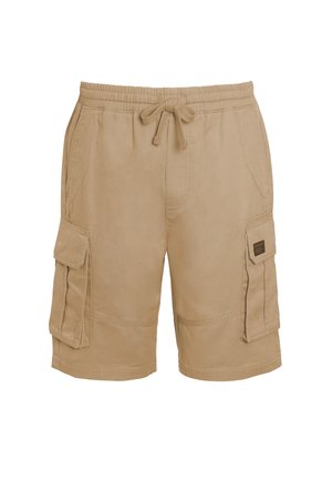 Beige cotton cargo shorts with an elastic waistband, drawstring, and multiple side pockets. Textured fabric with stitched accents.