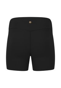 Shorts de compression noirs avec une texture lisse, dotés d'une large ceinture et d'un petit emblème à l'arrière. Design minimaliste, sans motifs.