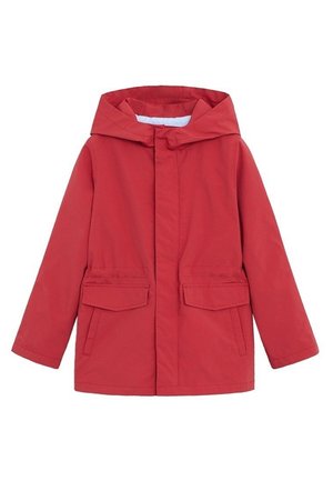 Giacca impermeabile rossa da bambino con cappuccio, maniche lunghe, zip frontale coperta da pattina e due tasche anteriori con pattina.