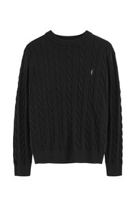 Svart kabelstickad tröja med rund hals, långa ärmar och ribbad nederkant. Har en liten broderad logotyp på bröstet.