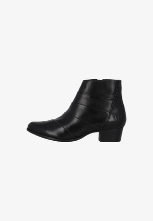 Bottine en cuir noir à talon bloc bas, fermeture éclair latérale et design cousu horizontal sur la tige.