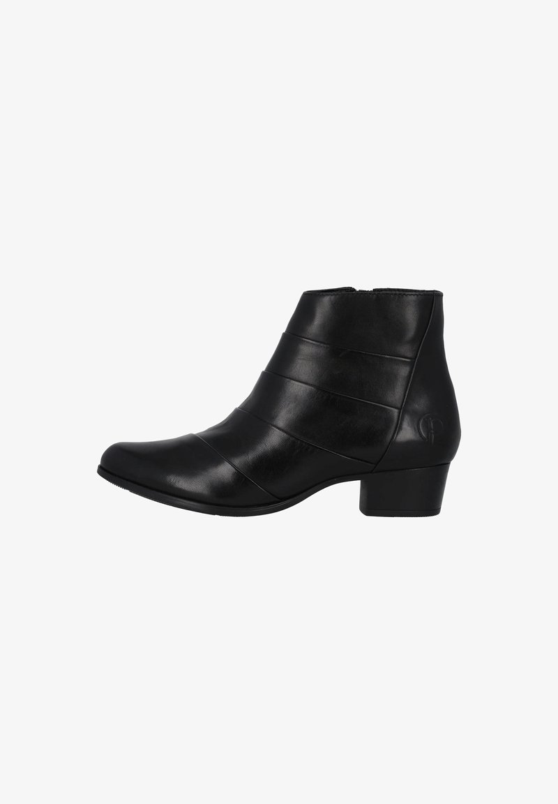 Bottine en cuir noir à talon bloc bas, fermeture éclair latérale et design cousu horizontal sur la tige.