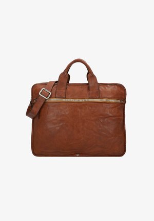 Valigetta in pelle marrone con finitura testurizzata, doppio manico, tracolla rimovibile e tasca frontale con zip.