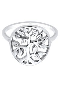 Sterlingsilver ring med ett cirkulärt mönster som har ett trädmotiv, intrikata utskärningar, polerad finish och en slät ring.