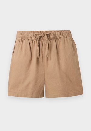 Ανοιχτό καφέ casual σορτς με ελαστική μέση και κορδόνι, εμπρόσθιες τσέπες, κατασκευασμένα από απαλό ύφασμα.