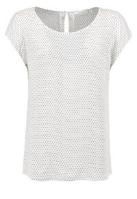 Bílý krátký rukáv triko s kulatým výstřihem, s klíčovou dírkou na zádech a tečkovaným vzorem v námořnické modři. Lehká, hladká textura.