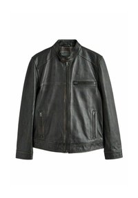 Veste en cuir noire avec fermeture éclair à l'avant, trois poches zippées et un col à bouton-pression, posée à plat sur fond blanc.