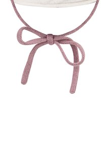 Soft fabric cap with a round top and pink decorative tie. The tie is made of braided cord, providing adjustable closure.