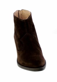 Bottine en suède marron avec une texture lisse, bout pointu et fermeture à glissière sur le côté. Présente des accents de coutures le long du côté.