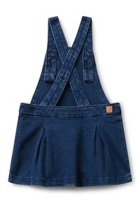 Džínová overall šaty v tmavě modré barvě. Mají křížové ramínka, skládací sukni a malou koženou označení na pásku.