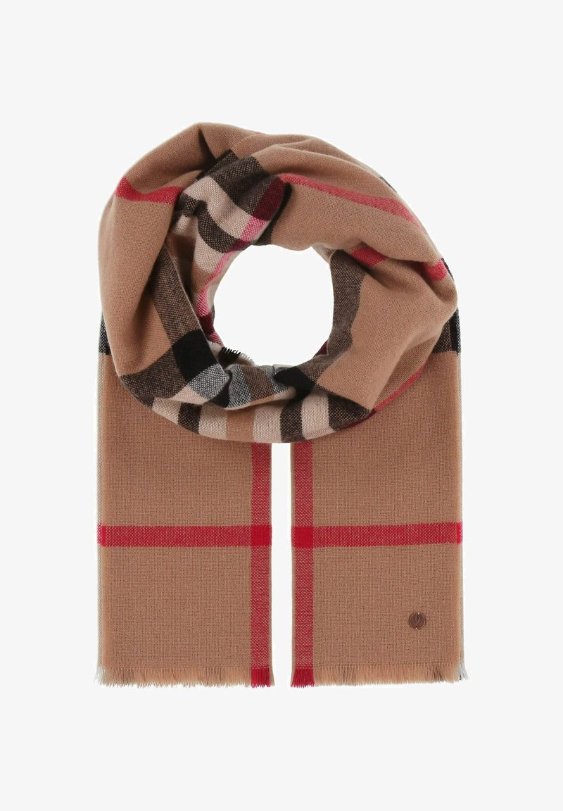 Beige scarf with red and black check pattern, fringed edges, soft texture, and a small branded accent near the end.