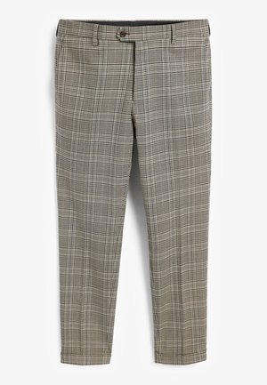 Spodnie w kratę w czarno-białym wzorze, wykonane z lekkiego materiału, o prostym kroju i standardowym pasku.