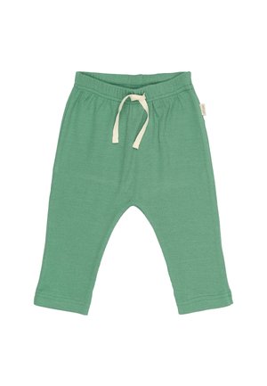 Világoszöld pamut nadrág, rugalmas derékkal és fehér húzózsinórral, egyszerű dizájnnal és szűkülő lábnyílásokkal.