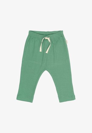 Pantaloni din bumbac verde deschis, cu un tiv elastic și șnur alb, având un design simplu și deschideri pentru picioare conice.