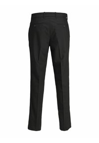 Black trousers with a straight-leg design, featuring a smooth fabric finish, two back pockets, and button accents on the pockets.