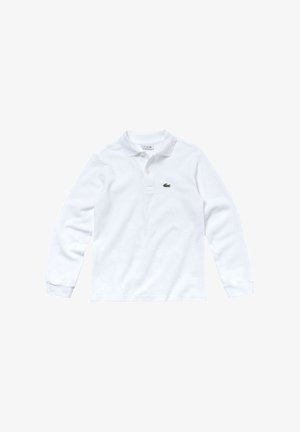 Polo à manches longues blanc en tissu texturé, doté d'un col classique, d'une patte de boutonnage à trois boutons et d'un logo brodé vert sur la poitrine.