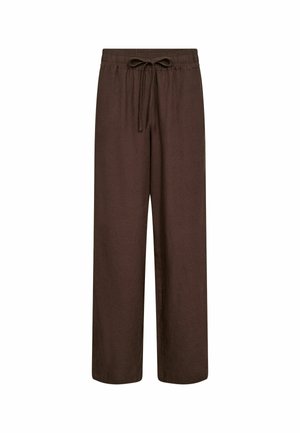 Braune weitgeschnittene Hose mit elastischem Bund und vorderem Kordelverschluss, aus leichtem Stoff gefertigt.