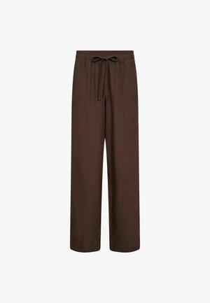 Brown wide-leg pants with elastic waistband and front drawstring closure, made from a lightweight fabric.