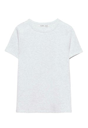 T-shirt gris clair à manches courtes et col rond avec une texture chinée subtile, présenté à plat sur un fond blanc.