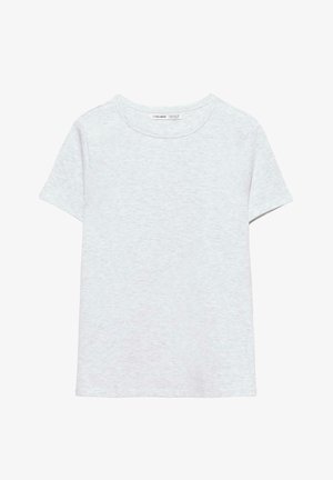 T-shirt grigio chiaro a maniche corte con scollo rotondo e texture melange sottile, mostrata distesa su uno sfondo bianco.