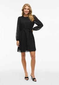 Black dress with long sleeves, sheer fabric featuring a leaf pattern. Waist tie detail, flared hem, paired with black high-heeled shoes.