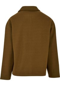 Veste en mélange de laine marron avec un col cranté, des manches longues et une coupe décontractée. Lignes épurées avec des coutures visibles minimales.